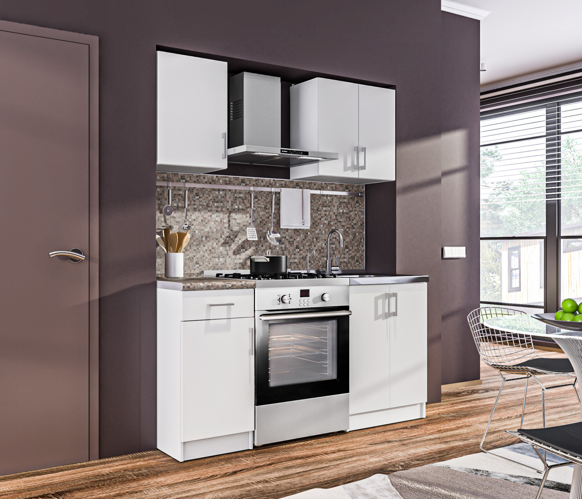 фото Кухонный гарнитур столплит Деми. Н с полками, с ящиком, ЛДСП, Белый/Перлино, 100х60х199 см