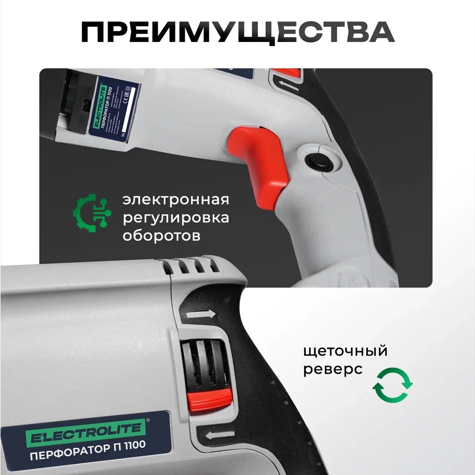 Изображение Перфоратор ELECTROLITE П 1100 EL ( 1100 Вт, 4,2 Дж, 3 режима, SDS +, кейс, набор буров )