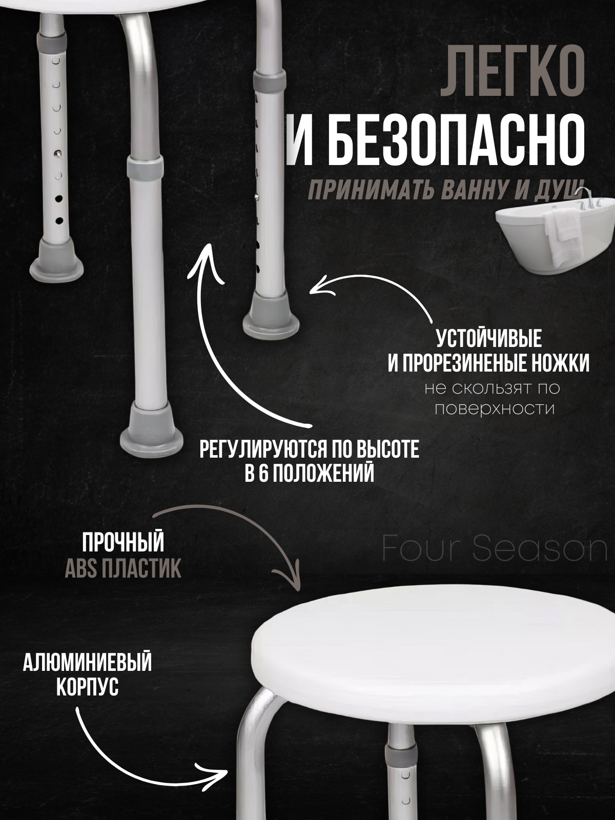 Стул - табурет (сиденье) для ванной и душа для купания пожилых круглый Титан, регулировка высоты ножек под любой рост — фото 1