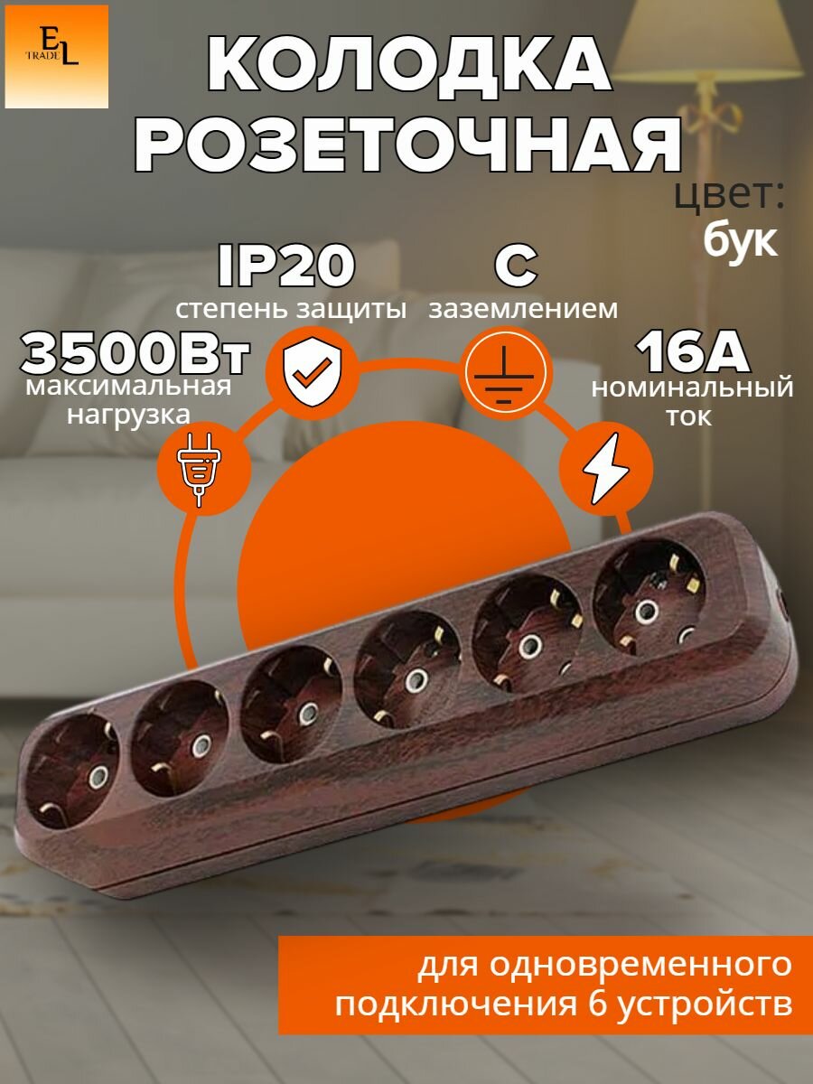 Колодка электрическая 6 гнезд розеточная (2П, с заземлением, 16А, 250В, бук, Эко, IP20)