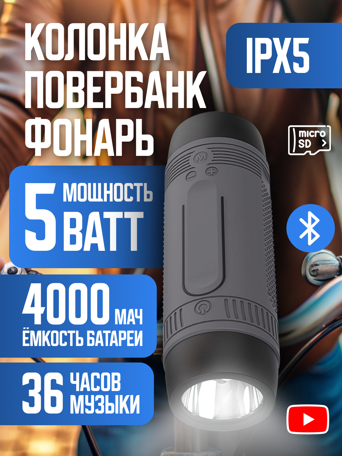 Фонарь для велосипеда передний с аккумулятором, Bluetooth велодинамик, повербанк, серый