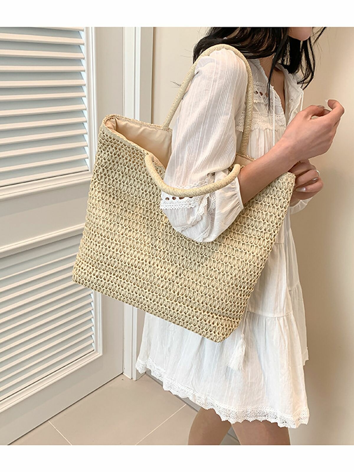 Сумка , фактура плетеная, рельефная, бежевый — фото 1