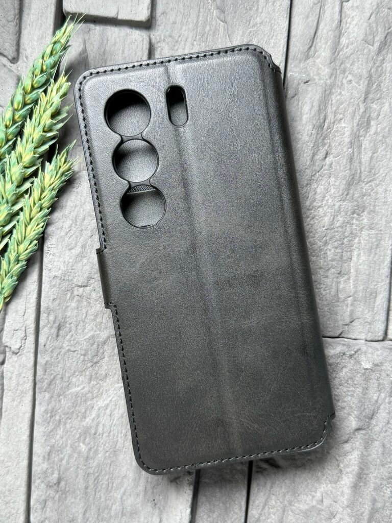 Чехол книжка для Tecno Camon 40 / Camon 40 Pro 4G кожаный с магнитной застежкой / Техно Камон 40 / Камон 40 Про 4 Джи с хлястиком, с функцией подставки, черный — фото 1