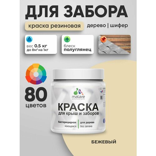 фото Резиновая краска malare для деревянного забора/ по дереву для наружных и внутренних работ/ быстросохнущая моющаяся без запаха полуглянцевая, бежевый, 0.5 кг.