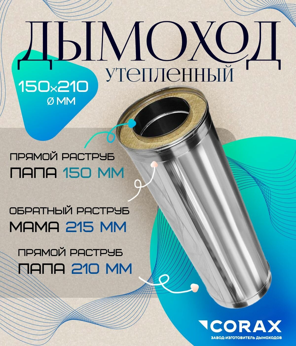 Изображение Дымоход утепленный нержавеющий 1 м (430/0.5х430/0,5мм) Ф150х210 Corax