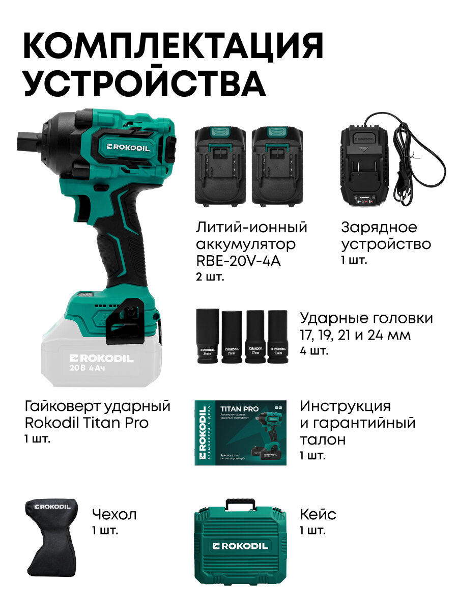 Гайковерт аккумуляторный ударный бесщеточный Rokodil Titan Pro, 550 Нм, 20 В, 2 АКБ по 4 Ач — фото 1