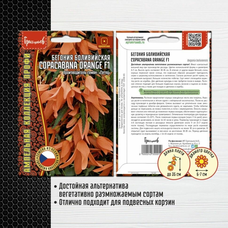 Бегония боливийская Copacabana Orange F1 3шт х 1 упаковка/ Редкие семена