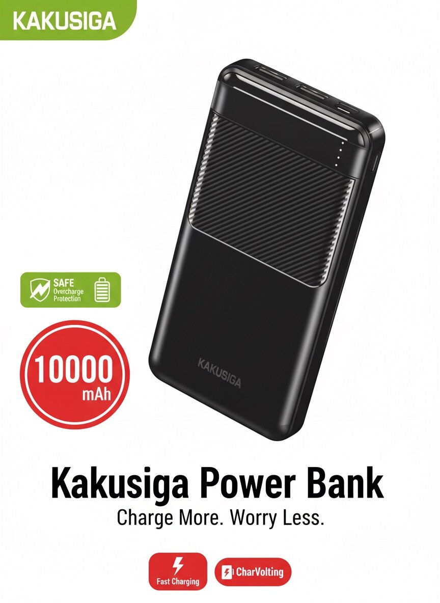 Внешний аккумулятор KAKUSIGA 10000 мА·ч | Быстрая зарядка | 2 входа/выхода USB + Type-C