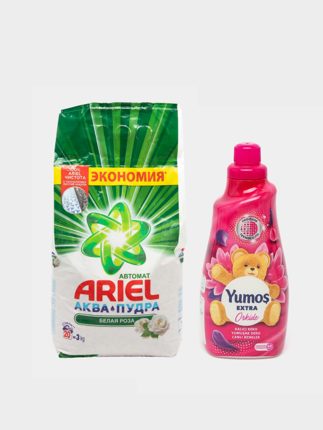 Стиральный порошок Ariel "Белая роза" автомат, стирки, 3 кг и "Yumos Extra" Кондиционер 60 стирки,1440 мл
