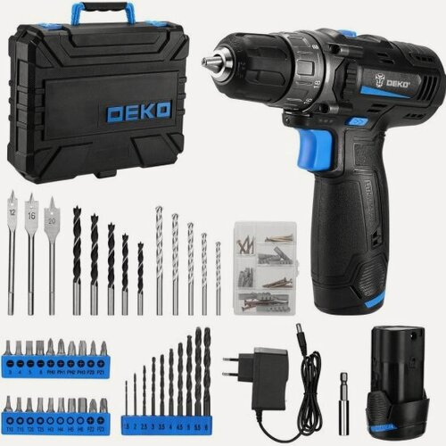 Изображение товара Дрель-шуруповерт аккумуляторная Deko DKCD12 в кейсе + набор инструментов 92шт, 12В, 2х2 Ач (083-1113)