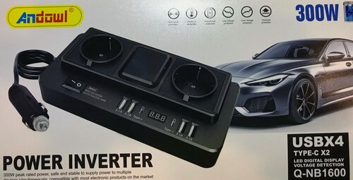 Изображение товара Инвертор автомобильный, преобразователь напряжения 12х220, 300Вт, защита от перегрузок, перегрева и короткого замыкания, 4 USB порта, 2 TYPE-C порта.