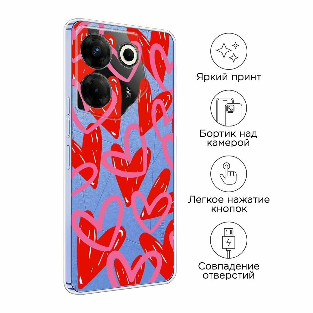 Чехол на Tecno Camon 20 Pro 5G / Текно Камон 20 Про 5G с принтом "Hearts doodles - 14 февраля", прозрачный — фото 1