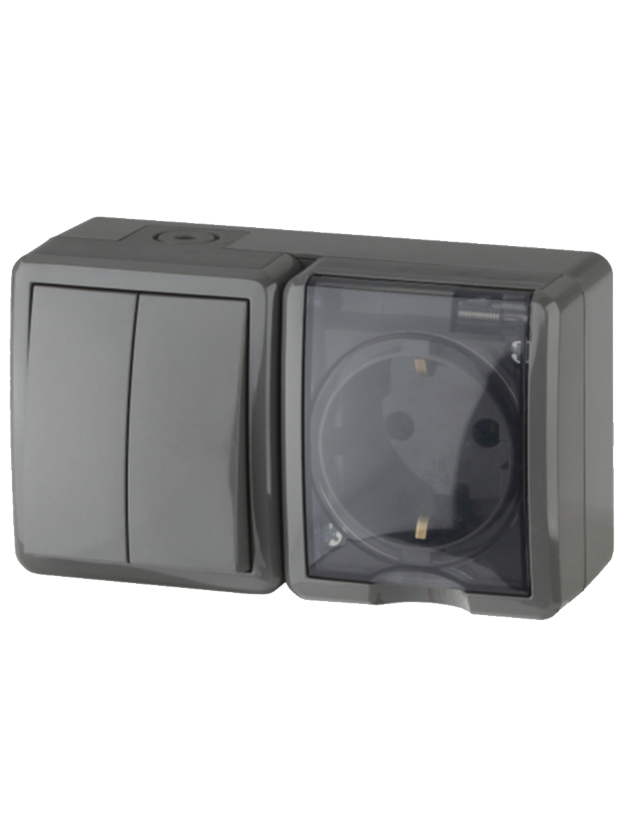 Блок ЭРА Эксперт горизонтальный с двухклавишным выключателем и розеткой, с защитной крышкой, серый
