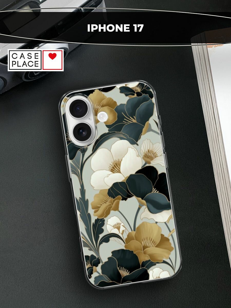 Чехол на Apple iPhone 17 / Айфон 17 с принтом Золотые и белые цветы