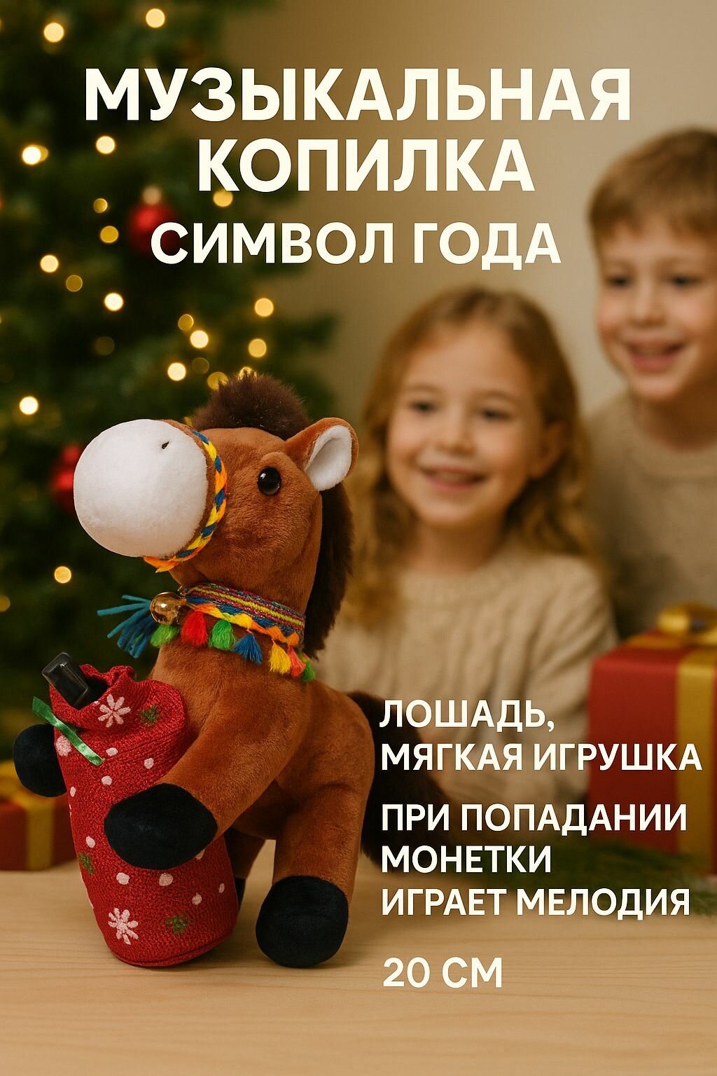 Новогодняя музыкальная лошадка с копилкой, символ года 2026