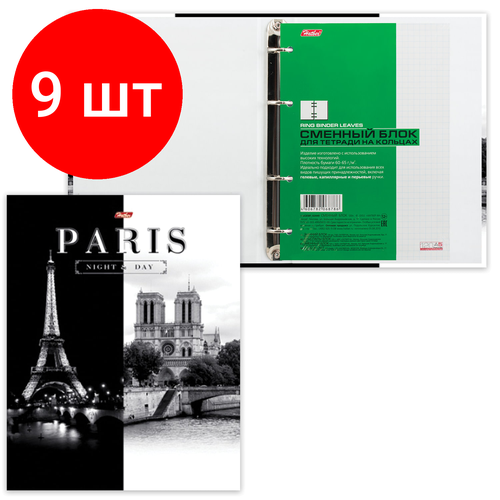 Комплект 9 шт, Тетрадь на кольцах А5 (170х220 мм), 120 л, обложка ламинированный картон, клетка, HATBER, Париж, 120ТК5B1_10506, T103135