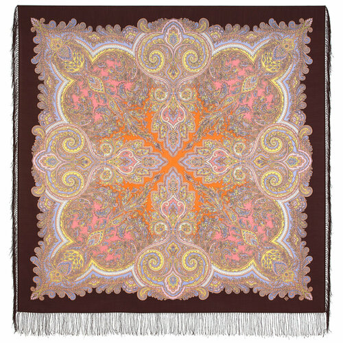 фото Платок павловопосадская платочная мануфактура,146х146 см, коралловый, коричневый