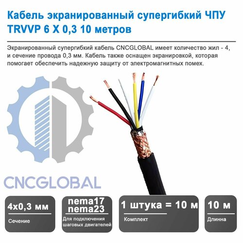 Кабель экранированный супергибкий ЧПУ TRVVP 6 X 0,3 10 метров CNCGLOBAL