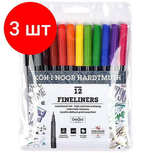 Комплект 3 наб, Набор линеров KOH-I-NOOR FINELINERS 0.3мм 12 цв ПВХ 777021AB01TE