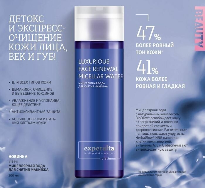 Мицеллярная вода для снятия макияжа Experalta Platinum, 200мл,