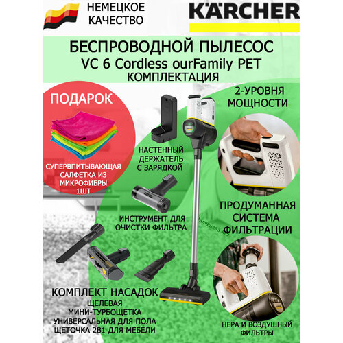 Пылесос вертикальный Karcher VC 6 Cordless ourFamily Pet салфетка из супер-микрофибры 3958900₽