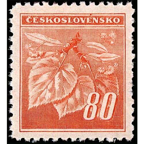 (1945-023) Марка Чехословакия Липовая ветка (Красно-оранжевая) Липовая ветка. Пражское издание