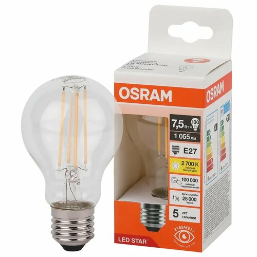 фото Лампа светодиодная груша 7.5w 220-240v e27 1055лм 2700к угол 300 град. d-60mm l-105mm филаментная стекло свет теплый белый osram, уп. 1шт