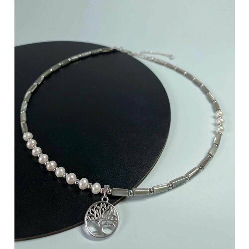 Чокер, серебряный, серый женское ожерелье с мелкой и крупной цепочкой и жемчугом