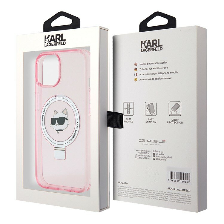 Karl Lagerfeld для iPhone 15 чехол PC/TPU + Ring stand NFT Choupette head Hard Pink (MagSafe)