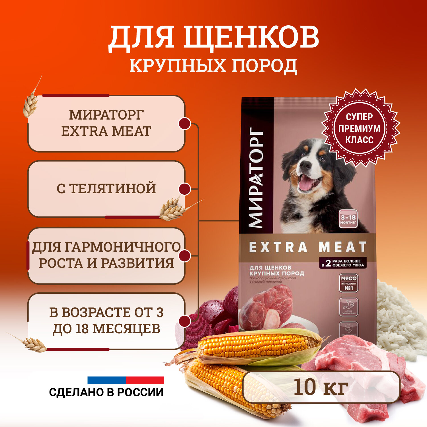 Сухой корм для щенков крупных пород Мираторг полнорационный, от 3 до 18 месяцев, c нежной телятиной 10 кг