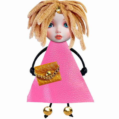 фото Брошь фартоvый брошь кукла ручной работы с волосами, сумочкой и бижутерией, розовый