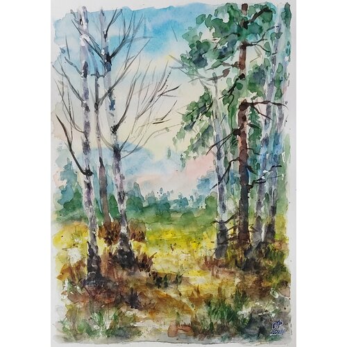 Картина акварелью живопись ручная работа Пейзаж с березками Размер А4 1100₽