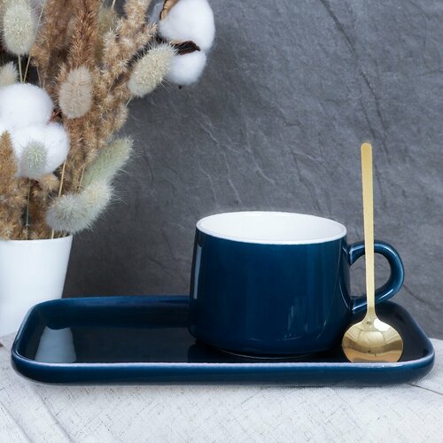 Чайный набор 2 предмета 220 мл с золотой ложкой синий 810₽