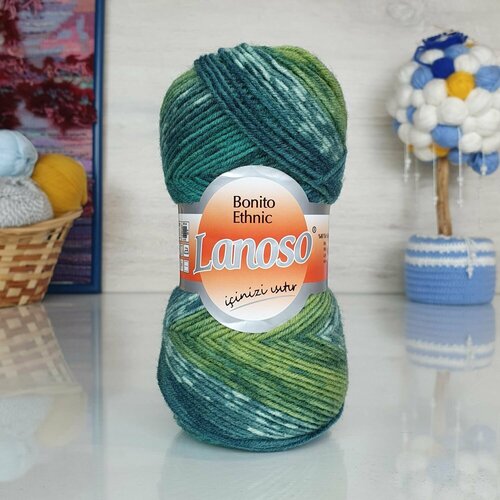 Пряжа Bonito ethnic Lanoso, зеленый принт - 1213, 49% шерсть, 51% акрил, 5 мотков, 100 г, 300 м.