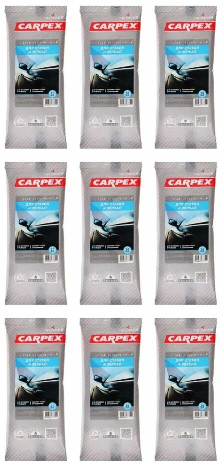 фото Carpex Влажные салфетки Nekker, для очистки стёкол и зеркал авто, 20 шт в уп, 9 уп