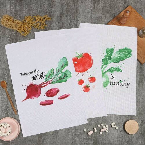 Изображение товара Набор кухонных полотенец Доляна "Овощи" 40х60±3см, 3 шт, 100% пэ