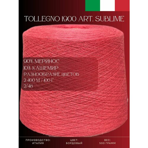 90% Меринос 10% Кашемир Пряжа из Италии Tollegno 1900 Art. Sublime Бордовый