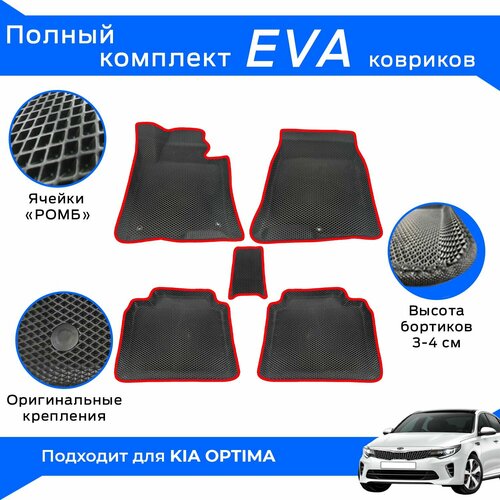 EVA коврики для Kia Optima с бортами / Красные / Киа Оптима / Эва-3Д, Eva-3D