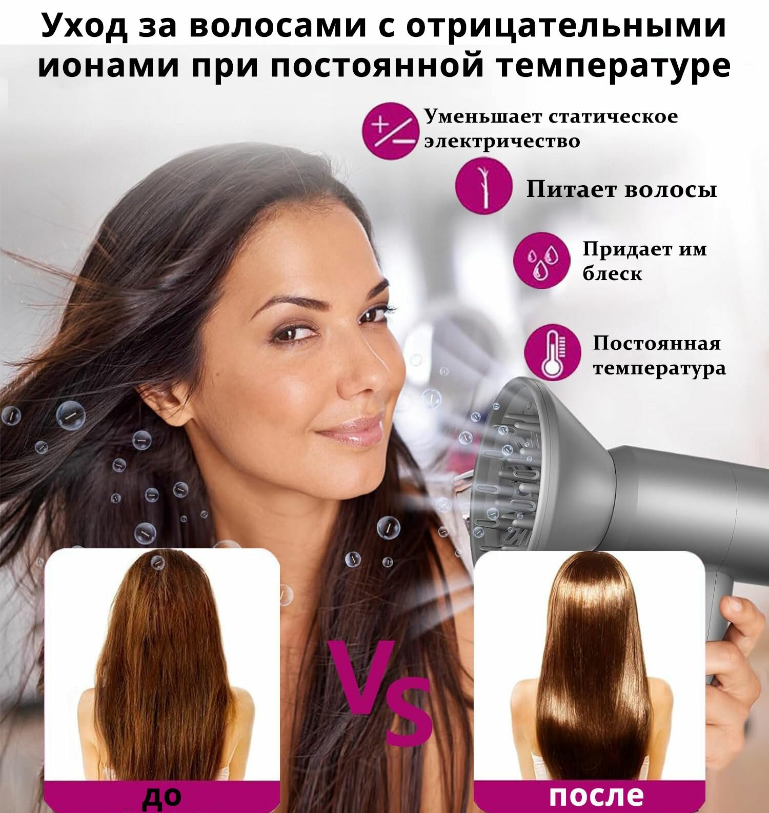Фен для волос бытовой с ионизацией, регулировкой температуры и скорости, насадками, компактный для дома и путешествий — фото 1