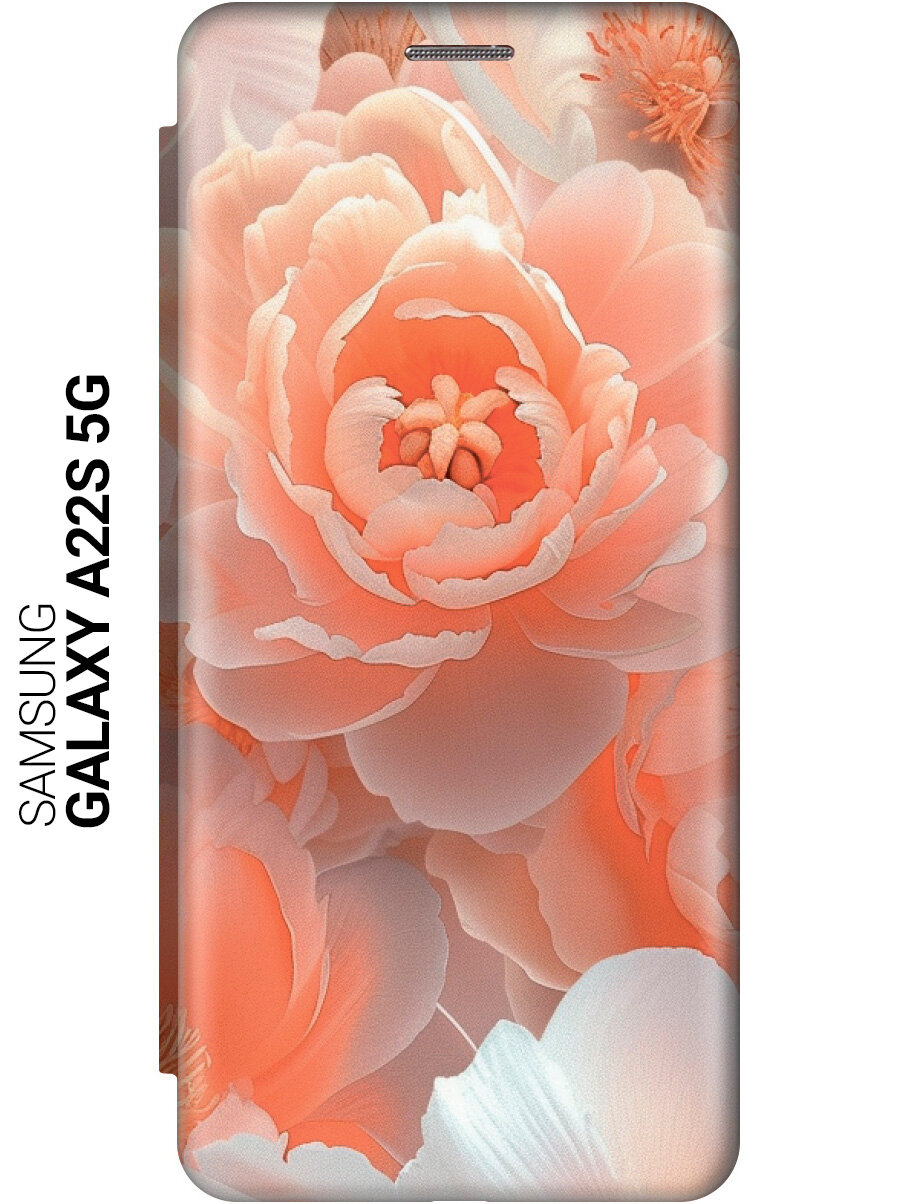 Чехол-книжка на Samsung Galaxy A22s 5G с принтом "Персиковые пионы" золотой