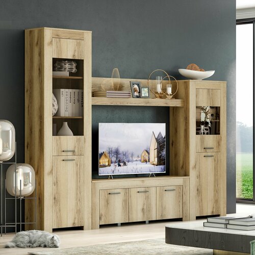 Стенка в гостиную Квадро от Астрид-Мебель со шкафом, нишей под ТВ и полкой, 260х38х206 см, цвет Дуб Делано светлый