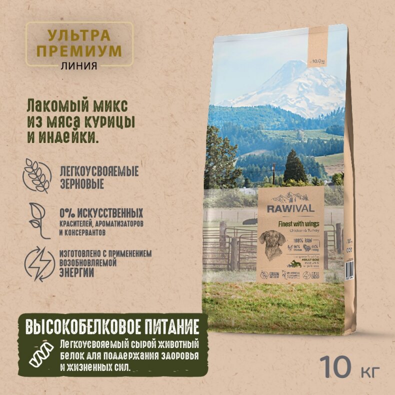 фото "Rawival Finest with Wings" с курицей и индейкой сухой корм для взрослых собак средних и крупных пород 10кг