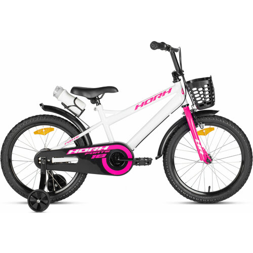 Велосипед детский городской HORH FORTE 18 2024 для детей от 4 лет до 6 лет стальная рама с защитой цепи флягой корзиной 1 ск барабанный тормоза белыйрозовый цвет рост 115-130 см 16017₽