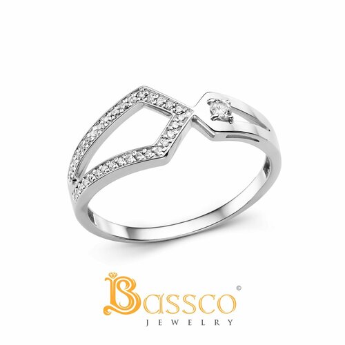 Кольцо Bassco, серебро, 925 проба, родирование, фианит, размер 16.5, серебряный