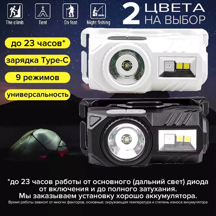 3в1 мультифонарь, налобный+ручной аккумуляторный фонарь с магнитом, фонарик на козырек кепки, включение по взмаху — фото 1