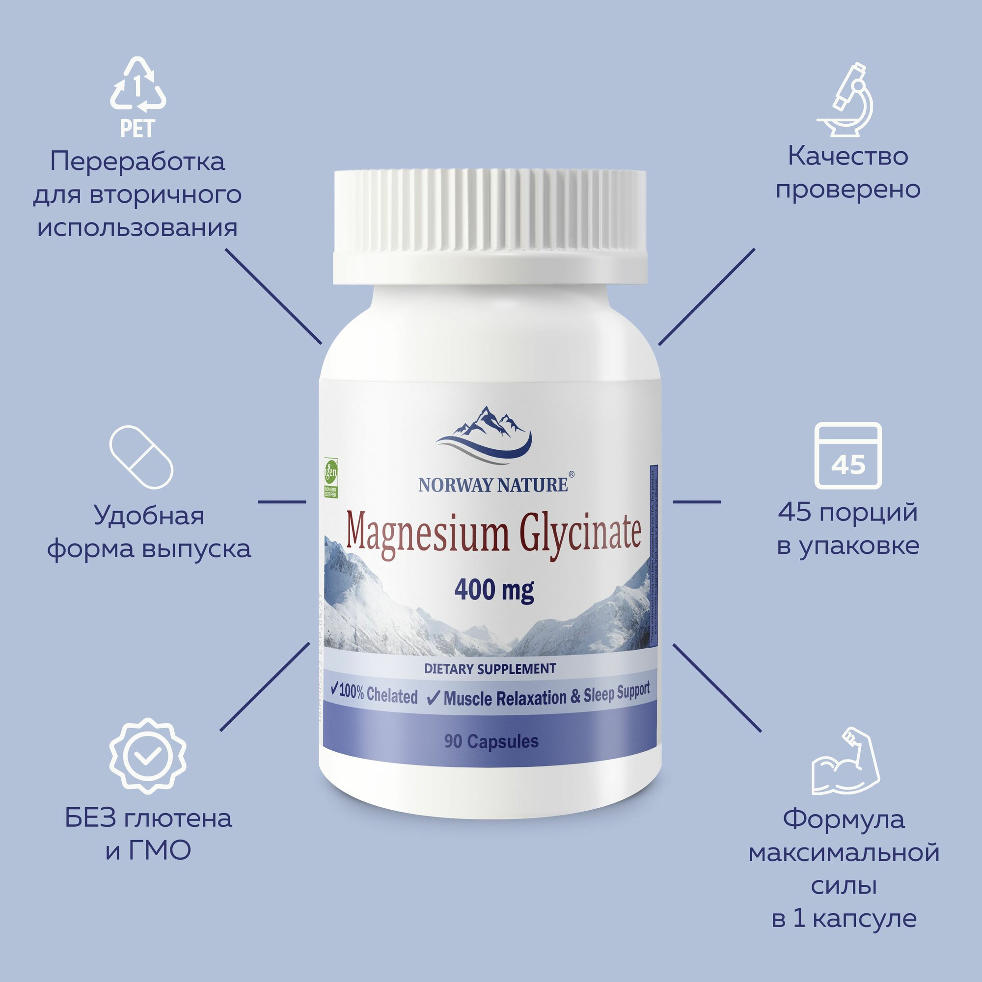 Картинки Norway Nature, Magnesium Glycinate, Магний Глицинат 400мг, 90 капсул / Восстановление нервной системы, Антидепрессант