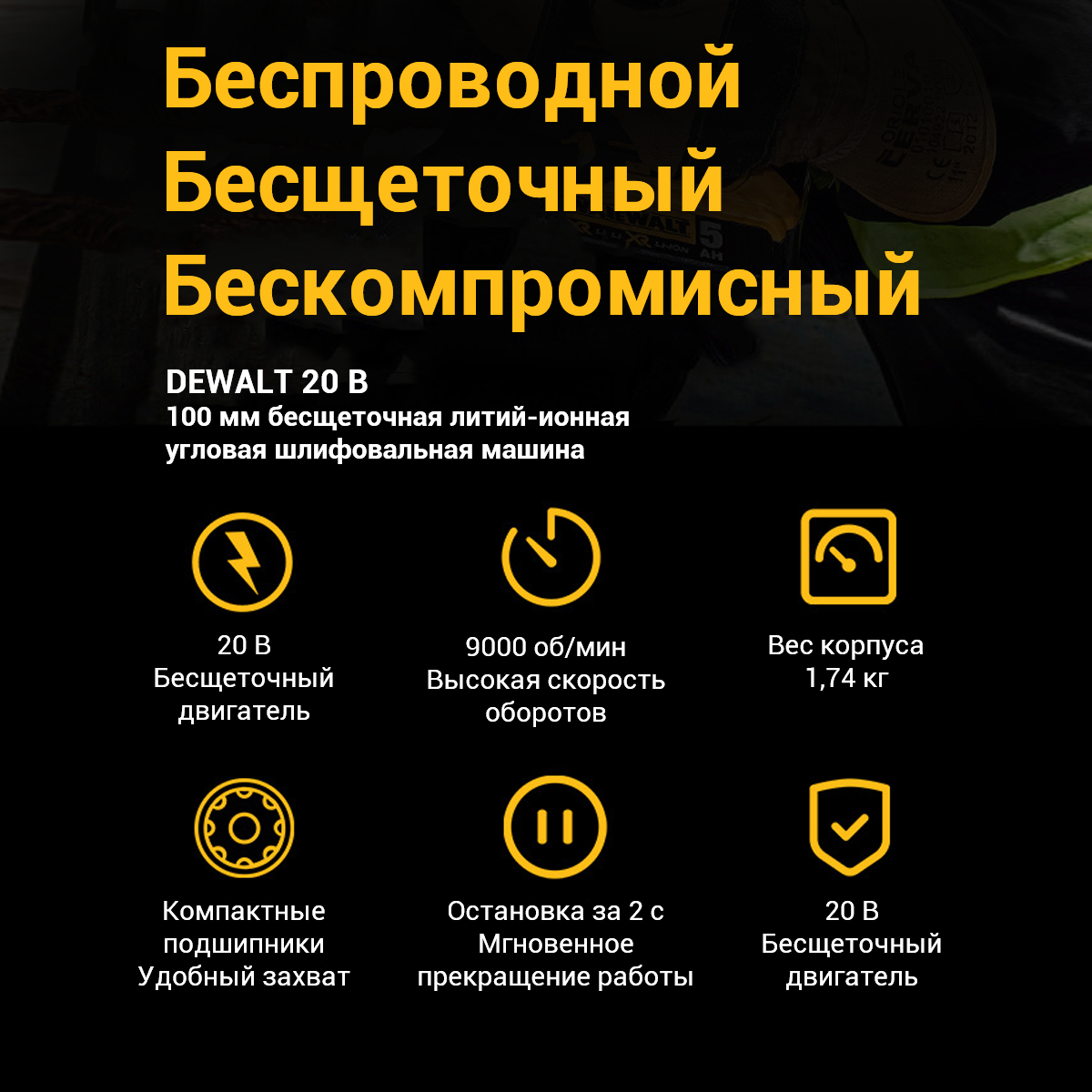 Шлифмашина угловая аккумуляторная Dewalt DCG406NE, без АКБ и ЗУ,100мм — фото 1
