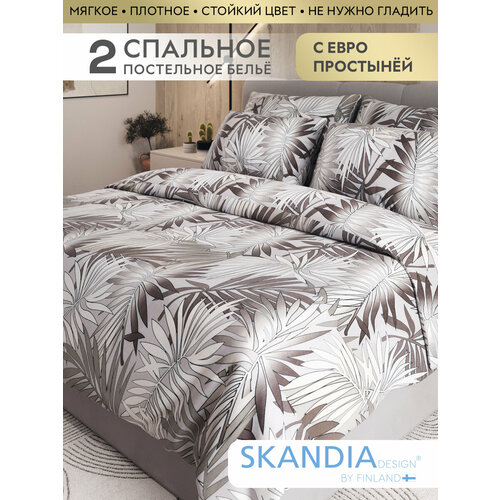 фото Постельное белье 2 спальное с евро простыней микро сатин skandiadesign двухспальное 133 белые и серые листья
