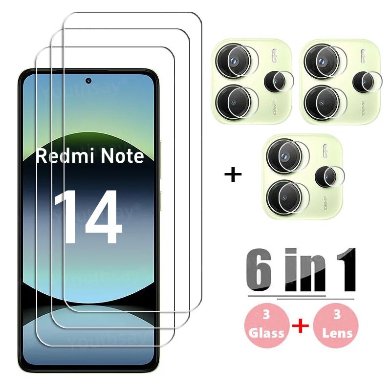 Полное стекло для Xiaomi Redmi Note 14 4G, закаленное стекло Redmi Note 14, защитная пленка для объектива камеры Redmi Note 14, 3 Glass and 3 Lens, For Note 14 5G — фото 1
