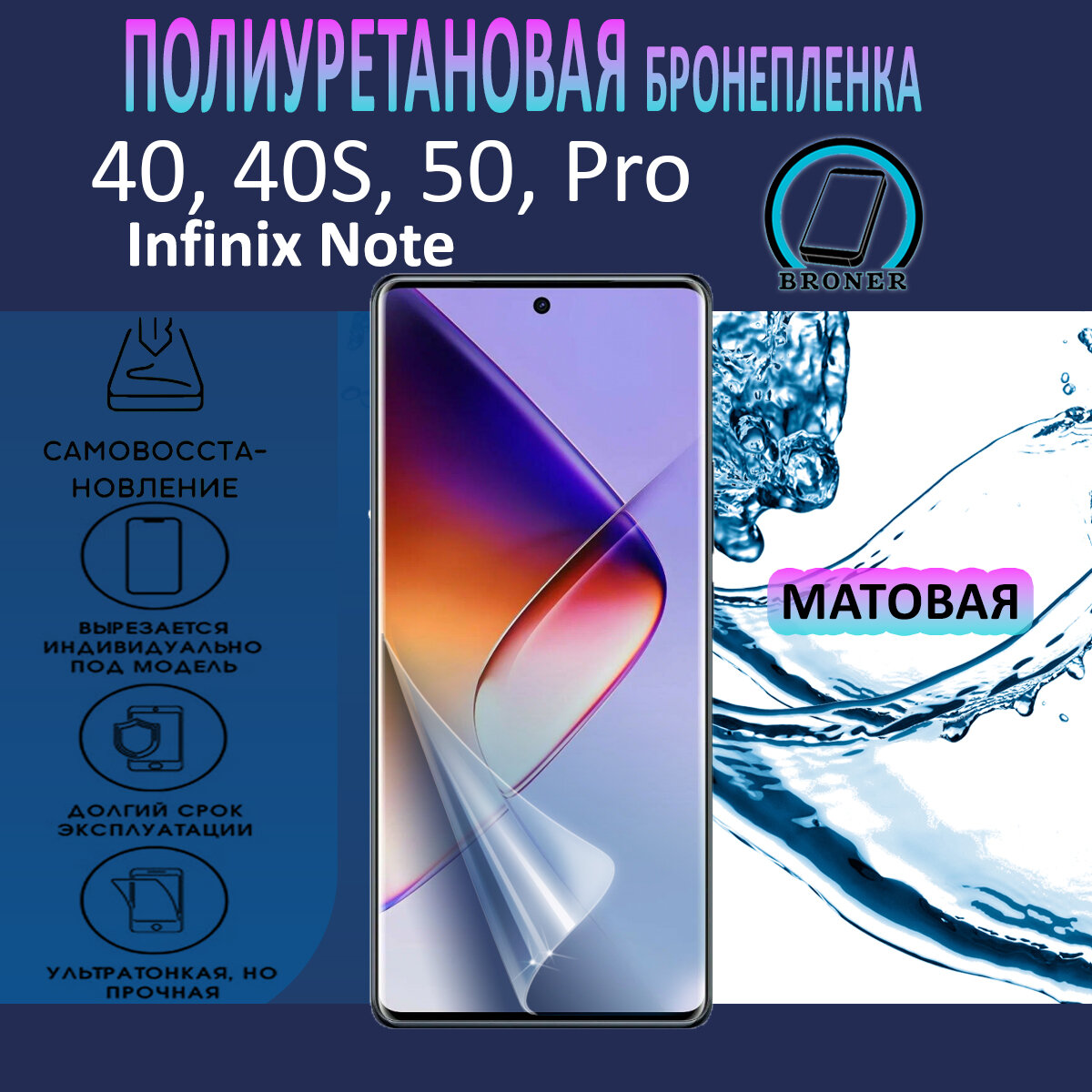 Полиуретановая бронепленка для Infinix Note 40, 40S, 50, 50S, Pro, + / Защитная плёнка на экран, совместима с чехлом, с вырезом под камеру / Матовая